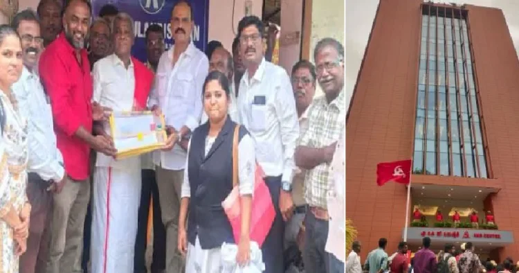 തമിഴ്നാട്ടില്‍ സിപിഎമ്മിന് മൂന്ന് കോടി രൂപയുടെ സ്വത്ത് ഇഷ്ടദാനമായി നല്‍കി ദമ്പതികള്‍. അണ്ണാനഗര്‍ സ്വദേശികളായ അഭിഭാഷകന്‍ ഇ ഗോകുല്‍ കൃഷ്ണന്‍, ഭാര്യയും (ഇടത്ത്) എകെജി സെന്‍റര്‍ (വലത്ത്)