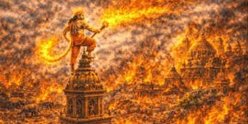 ഹനുമാന്‍ ലങ്കാനഗരിയ്ക്ക് തീ കൊളുത്തുന്നു