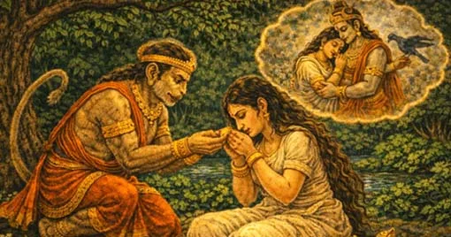 ഹനുമാന്‍ സീതാദേവിക്ക് മുദ്രമോതിരം നല്‍കുന്നു