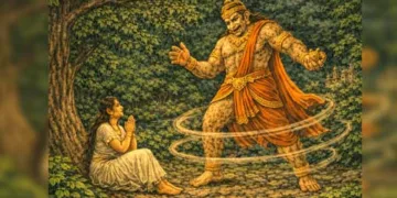 ഹനുമാന്‍ സീതാദേവിക്ക് തന്റെ പ്രഭാവം കാണിച്ചുകൊടുക്കുന്നു