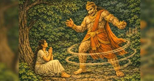 ഹനുമാന്‍ സീതാദേവിക്ക് തന്റെ പ്രഭാവം കാണിച്ചുകൊടുക്കുന്നു
