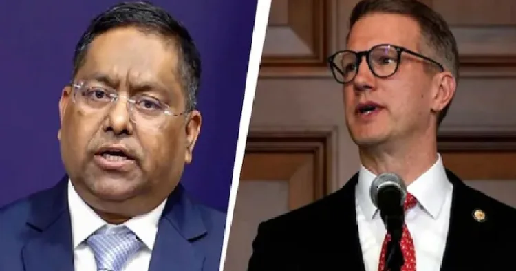 ഇന്ത്യയുടെ വിദേശകാര്യമന്ത്രാലയ വക്താവ് രണ്‍ധീര്‍ ജയ്സ്വാള്‍ (ഇടത്ത്) യുഎസ് കോണ്‍ഗ്രസ് അംഗം റിലി മൂര്‍ (വലത്ത്)