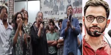 ഉമര് ഖാലിദ് (വലത്ത്) ജെഎന്യുവിലെ രണ്ട് പ്രൊഫസര്മാര് ഇടത് വിദ്യാര്ത്ഥികള്ക്കൊപ്പം എബിവിപിക്കാര്ക്കെതിരെ അട്ടഹസിക്കുകയും മുദ്രാവാക്യം വിളിക്കുകയും ചെയ്യുന്നു (ഇടത്ത്)