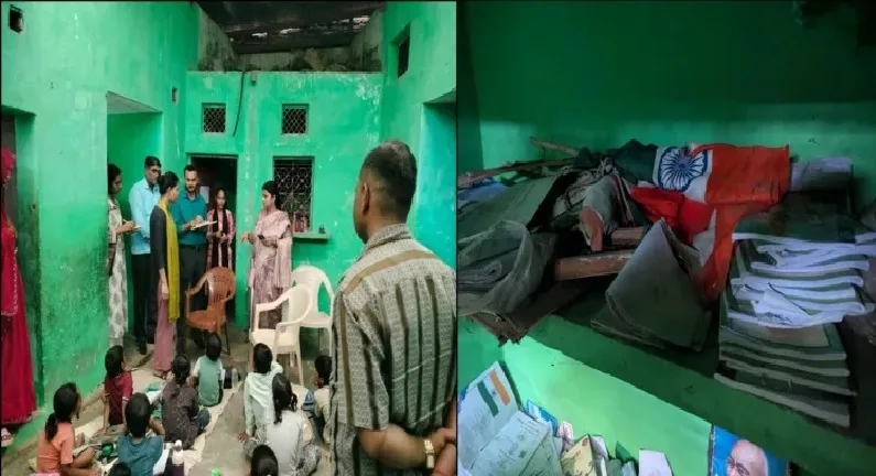 മദ്രസയിലെ രണ്ട് മുറികളിലായി 35 കുട്ടികൾ, രജിസ്റ്ററിൽ 448 പേരുകൾ ; അവരിൽ 90% പേരും ഹിന്ദു കുട്ടികൾ ; ദേശീയ പതാക ചുരുട്ടിയിട്ട നിലയിൽ