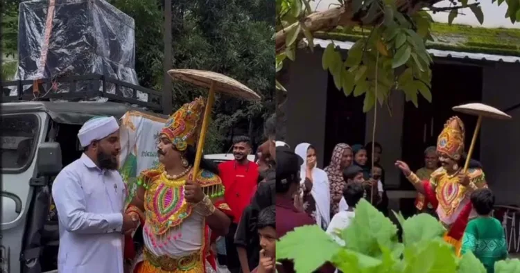 മലപ്പുറം നിലമ്പൂര് പള്ളിക്കുന്നില് സംഘടിപ്പിച്ച നബിദിന റാലിയില്പ്രജാക്ഷേമ തത്പരനായ മഹാബലി തമ്പുരാന്റെ വേഷമണിഞ്ഞ വ്യക്തി നേരിട്ടെത്തി ആശംസകള് നേരുന്നു