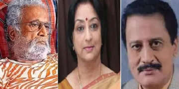 ഇപ്പോള്‍ വൃദ്ധസദനത്തില്‍ അനാഥനായികഴിയുന്ന മോഹന്‍ ശര്‍മ്മ (ഇടത്ത്) മുന്‍ ഭാര്യ നടി ലക്ഷ്മി (നടുവില്‍) പഴയ കാലത്ത് സൂപ്പര്‍ സ്റ്റാറായിരുന്ന മോഹന്‍ ശര്‍മ്മ (വലത്ത്)