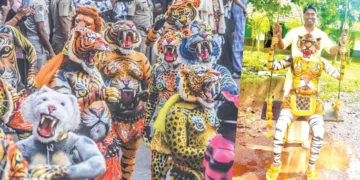 1. ഓണാഘോഷത്തിന് സമാപനം കുറിച്ച് തൃശൂര്‍ സ്വരാജ് റൗണ്ടില്‍ നടന്ന പുലിക്കളി, 2.പുലിക്കളി കലാകാരനൊപ്പം തൃശൂര്‍ മുന്‍ കളക്ടര്‍ അര്‍ജുന്‍ പാണ്ഡ്യന്‍