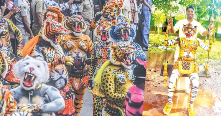 1. ഓണാഘോഷത്തിന് സമാപനം കുറിച്ച് തൃശൂര്‍ സ്വരാജ് റൗണ്ടില്‍ നടന്ന പുലിക്കളി, 2.പുലിക്കളി കലാകാരനൊപ്പം തൃശൂര്‍ മുന്‍ കളക്ടര്‍ അര്‍ജുന്‍ പാണ്ഡ്യന്‍
