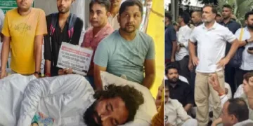 ദേവേന്ദ്രനാഥ് മഹ്തോ നിരാഹാരത്തില് (ഇടത്ത്) ജന്തര് മന്തറിലെ വിദ്യാര്ത്ഥി സമരത്തിലെ രാഹുല് ഗാന്ധിയുടെ ആവേശം (വലത്ത്)