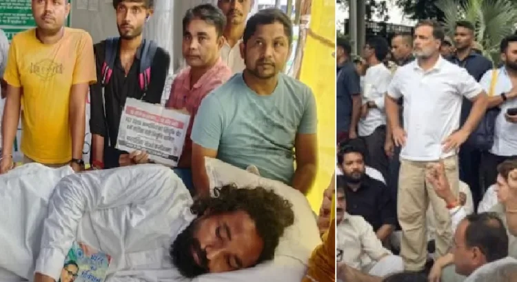 ദേവേന്ദ്രനാഥ് മഹ്തോ നിരാഹാരത്തില്‍ (ഇടത്ത്) ജന്തര്‍ മന്തറിലെ വിദ്യാര്‍ത്ഥി സമരത്തിലെ രാഹുല്‍ ഗാന്ധിയുടെ ആവേശം (വലത്ത്)