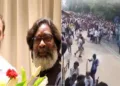 രാഹുല്‍ ഗാന്ധിയും ജാര്‍ഖണ്ഡ് മുഖ്യമന്ത്രി ഹേമന്ത് സോറനും (ഇടത്ത്) ജാര്‍ഖണ്ഡിലെ പരീക്ഷാക്രമക്കേടുകള്‍ക്കെതിരെ സമരം ചെയ്യുന്ന വിദ്യാര്‍ത്ഥികള്‍ (വലത്ത്)