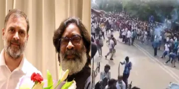 രാഹുല്‍ ഗാന്ധിയും ജാര്‍ഖണ്ഡ് മുഖ്യമന്ത്രി ഹേമന്ത് സോറനും (ഇടത്ത്) ജാര്‍ഖണ്ഡിലെ പരീക്ഷാക്രമക്കേടുകള്‍ക്കെതിരെ സമരം ചെയ്യുന്ന വിദ്യാര്‍ത്ഥികള്‍ (വലത്ത്)