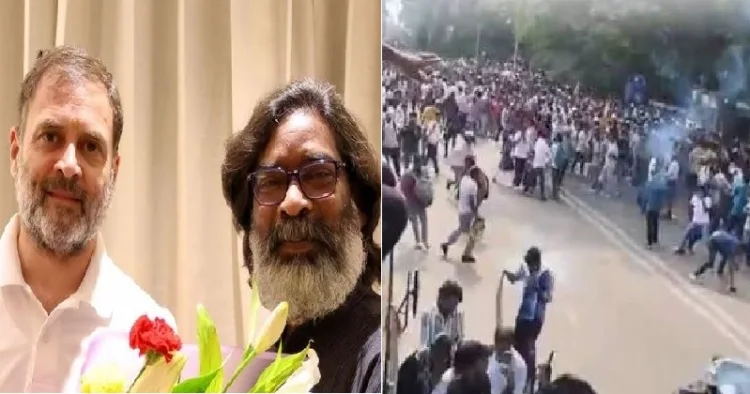 രാഹുല്‍ ഗാന്ധിയും ജാര്‍ഖണ്ഡ് മുഖ്യമന്ത്രി ഹേമന്ത് സോറനും (ഇടത്ത്) ജാര്‍ഖണ്ഡിലെ പരീക്ഷാക്രമക്കേടുകള്‍ക്കെതിരെ സമരം ചെയ്യുന്ന വിദ്യാര്‍ത്ഥികള്‍ (വലത്ത്)