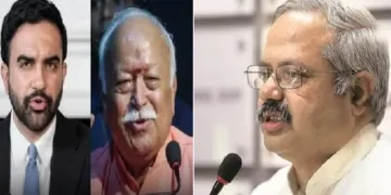 ആര്‍എസ്എസ് ദേശീയ മാധ്യമ, പബ്ലിസിറ്റി മേധാവി സുനില്‍ അംബേക്കര്‍ (വലത്ത്) ആര്‍എസ്എസ് മേധാവി മോഹന്‍ ഭാഗവത് (നടുവില്‍) ന്യൂയോര്‍ക്ക് മേയര്‍ സൊഹ്റാന‍് മംദാനി (ഇടത്ത്)
