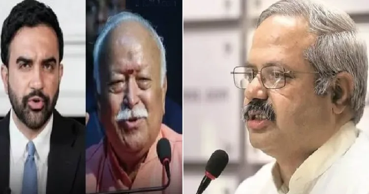 ആര്‍എസ്എസ് ദേശീയ മാധ്യമ, പബ്ലിസിറ്റി മേധാവി സുനില്‍ അംബേക്കര്‍ (വലത്ത്) ആര്‍എസ്എസ് മേധാവി മോഹന്‍ ഭാഗവത് (നടുവില്‍) ന്യൂയോര്‍ക്ക് മേയര്‍ സൊഹ്റാന‍് മംദാനി (ഇടത്ത്)
