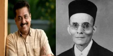 എന്.ഷംസുദ്ദീന് (ഇടത്ത്) വീര് സവര്ക്കര് (വലത്ത്)