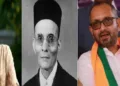 ഗുരുപ്രസാദ് എന്ന അധ്യാപകനെ സസ്പെന്‍റ് ചെയ്ത വിദ്യാഭ്യാസമന്ത്രി ഷംസുദ്ദീന്‍ (ഇടത്ത്) സ്വാതന്ത്ര്യസമരവുമായി ബന്ധപ്പെട്ട് ഏറ്റവും കൂടുതല്‍ കാലം ജയിലില്‍ കിടന്ന വീര്‍ സവര്‍ക്കര്‍ (നടുവില്‍) കെ. സുരേന്ദ്രന്‍ (വലത്ത്)