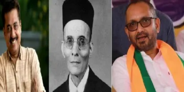 ഗുരുപ്രസാദ് എന്ന അധ്യാപകനെ സസ്പെന്‍റ് ചെയ്ത വിദ്യാഭ്യാസമന്ത്രി ഷംസുദ്ദീന്‍ (ഇടത്ത്) സ്വാതന്ത്ര്യസമരവുമായി ബന്ധപ്പെട്ട് ഏറ്റവും കൂടുതല്‍ കാലം ജയിലില്‍ കിടന്ന വീര്‍ സവര്‍ക്കര്‍ (നടുവില്‍) കെ. സുരേന്ദ്രന്‍ (വലത്ത്)