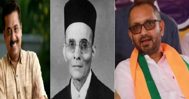 ഗുരുപ്രസാദ് എന്ന അധ്യാപകനെ സസ്പെന്‍റ് ചെയ്ത വിദ്യാഭ്യാസമന്ത്രി ഷംസുദ്ദീന്‍ (ഇടത്ത്) സ്വാതന്ത്ര്യസമരവുമായി ബന്ധപ്പെട്ട് ഏറ്റവും കൂടുതല്‍ കാലം ജയിലില്‍ കിടന്ന വീര്‍ സവര്‍ക്കര്‍ (നടുവില്‍) കെ. സുരേന്ദ്രന്‍ (വലത്ത്)