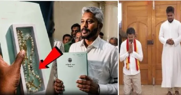 വിജയിന്റെ ധനകാര്യമന്ത്രി ബജറ്റിനൊപ്പം കൊന്തയും പിടിച്ചിരിക്കുന്നു (ഇടത്ത്)വിജയ് തെരഞ്ഞെടുപ്പ് പ്രചാരണക്കാലത്ത് പള്ളിയില് മുട്ടിലിഴയുന്നു (വലത്ത്)