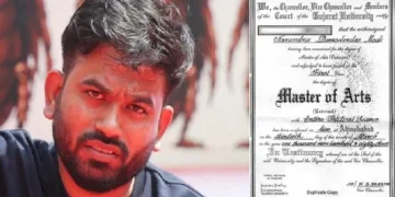 ദ ഹിന്ദു ദിനപത്രം പ്രസിദ്ധീകരിച്ച മോദിയുടെ ഡിഗ്രി സര്ട്ടിഫിക്കറ്റ് (വലത്ത്) സിജെപി നേതാവ് അഭിജിത് ദീപ്കെ (ഇടത്ത്)