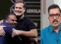 രാഹുല്‍ ഗാന്ധിയും കൊമേഡിയനായ പുള്‍കിത് മണിയും മോദിയെയും പ്രായമേറിയ സ്ത്രീകളേയും വിമര്‍ശിക്കുന്ന പരിപാടിയില്‍ (ഇടത്ത്) ഏഷ്യാനെറ്റ് റിപ്പോര്‍ട്ടര്‍ (വലത്ത്)