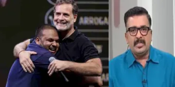 രാഹുല്‍ ഗാന്ധിയും കൊമേഡിയനായ പുള്‍കിത് മണിയും മോദിയെയും പ്രായമേറിയ സ്ത്രീകളേയും വിമര്‍ശിക്കുന്ന പരിപാടിയില്‍ (ഇടത്ത്) ഏഷ്യാനെറ്റ് റിപ്പോര്‍ട്ടര്‍ (വലത്ത്)