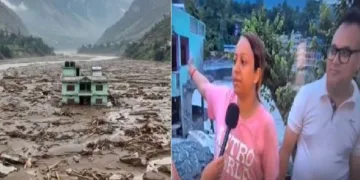 നേപ്പാളിലെ കുത്തിയൊലിച്ചു വന്ന പ്രളയത്തില്‍ ചുറ്റിലുള്ള കെട്ടിടങ്ങളെല്ലാം തകര്‍ന്നപ്പോഴും തലയുയര്‍ത്തി നിന്ന പച്ച പെയിന്‍റടിച്ച വീട് (ഇടത്ത്) ലക്ഷ്മി പാണ്ഡെയും ഭര്‍ത്താവും (വലത്ത്)
