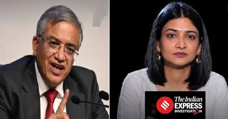 കേന്ദ്ര തെരഞ്ഞെടുപ്പ് മുഖ്യ കമ്മീഷണര്‍ ഗ്യാനേഷ് കുമാര്‍ (ഇടത്ത്) തെരഞ്ഞെടുപ്പ് കമ്മീഷന്‍ തകര‍്ന്നു എന്ന രീതിയില്‍ കെട്ടിച്ചമച്ച ലേഖനപരമ്പര തയ്യാറാക്കിയ ഇന്ത്യന്‍ എക്സ്പ്രസ് ലേഖിക റിതിക ചോപ്ര (വലത്ത്)