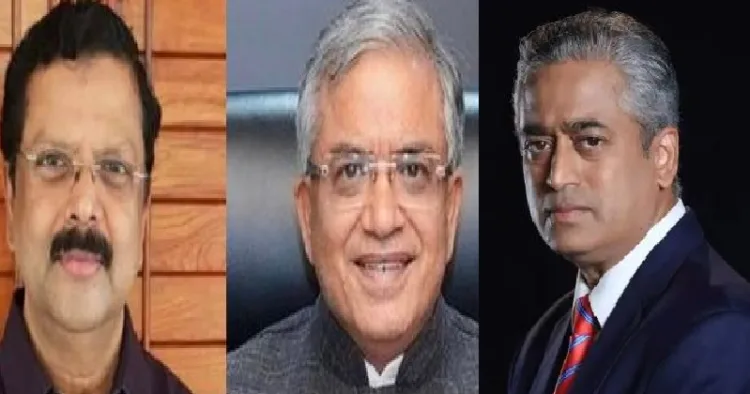 ജിജി തോംസണ്‍ (ഇടത്ത്) മുഖ്യതെരഞ്ഞെടുപ്പ് കമ്മീഷണര്‍ ഗ്യാനേഷ് കുമാര്‍ (നടുവില്‍) രാജ് ദീപ് സര്‍ദേശായി (വലത്ത്)