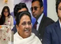മായാവതിയും ഇളയ സഹോദരന്‍ ആനന്ദിന്‍റെ ഇളയമകന്‍ ഇഷാന്‍ ആനന്ദും(വലത്ത്) മായാവതി പ്രധാന പദവികളില്‍ നിന്നും നീക്കം ചെയ്ത ഇളയസഹോദരന്‍ ആനന്ദിന്‍റെ മക്കളായ ആകാശ് ആനന്ദും അവന്‍റെ സഹോദരി ദീപികാ ആനന്ദും (ഇടത്ത്)