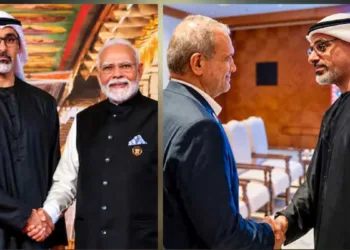 ന്യൂദല്ഹിയില് നടന്ന 18-ാമത് ബ്രിക്സ് ഉച്ചകോടിയില് പങ്കെടുക്കാനെത്തിയ അബുദാബി കിരീടാവകാശി ഷെയ്ഖ് ഖാലിദ് ബിന് മുഹമ്മദ് ബിന് സായിദ് അല് നഹ്യാന്, പ്രധാനമന്ത്രി നരേന്ദ്ര മോദി, ഇറാന് പ്രസിഡന്റ് മസൂദ് പെസെഷ്കിയാന് എന്നിവര്ക്കൊപ്പം
