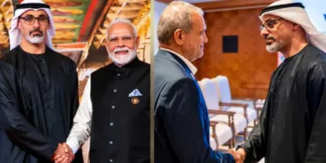 ന്യൂദല്ഹിയില് നടന്ന 18-ാമത് ബ്രിക്സ് ഉച്ചകോടിയില് പങ്കെടുക്കാനെത്തിയ അബുദാബി കിരീടാവകാശി ഷെയ്ഖ് ഖാലിദ് ബിന് മുഹമ്മദ് ബിന് സായിദ് അല് നഹ്യാന്, പ്രധാനമന്ത്രി നരേന്ദ്ര മോദി, ഇറാന് പ്രസിഡന്റ് മസൂദ് പെസെഷ്കിയാന് എന്നിവര്ക്കൊപ്പം