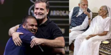 മോദി അമ്മയ്ക്കൊപ്പം (വലത്ത്) രാഹുല് ഗാന്ധിയും സ്റ്റാന്റപ് കൊമേഡിയന് പുള്കിത് മണിയും മധ്യപ്രദേശില് നടന്ന ഛത്രോം കീ ഗൂഞ്ച് പരിപാടിയില് (ഇടത്ത്)