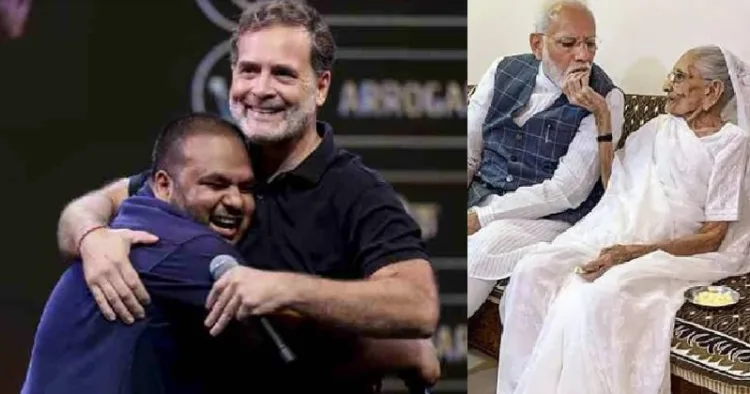 മോദി അമ്മയ്ക്കൊപ്പം (വലത്ത്) രാഹുല്‍ ഗാന്ധിയും സ്റ്റാന്‍റപ് കൊമേഡിയന്‍ പുള്‍കിത് മണിയും മധ്യപ്രദേശില്‍ നടന്ന ഛത്രോം കീ ഗൂഞ്ച് പരിപാടിയില്‍ (ഇടത്ത്)