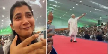 ഗുജറാത്തില്‍ നിന്നുള്ള ദേശീയ സ്വര്‍ണ്ണമെഡല്‍ ജേതാവായ ചെസ് താരം വിശ്വ വഡോയ ഒരു ചടങ്ങില്‍ മോദിയെ കണ്ട് സന്തോഷമടക്കാനാവാതെ പൊട്ടിക്കരയുന്നു (ഇടത്ത്)