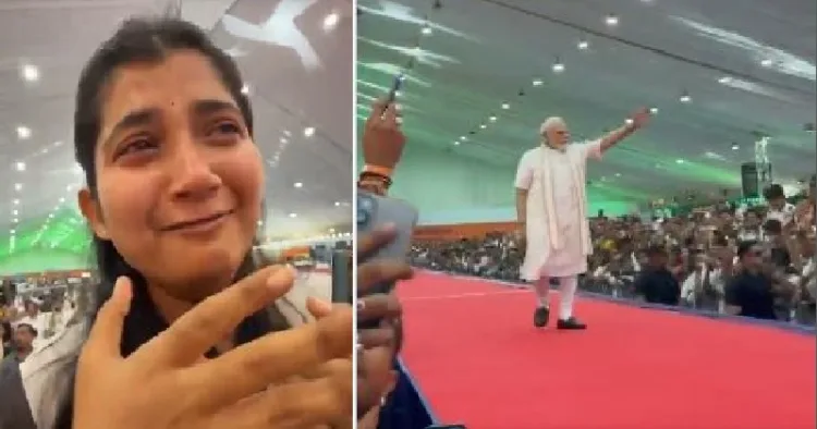 ഗുജറാത്തില്‍ നിന്നുള്ള ദേശീയ സ്വര്‍ണ്ണമെഡല്‍ ജേതാവായ ചെസ് താരം വിശ്വ വഡോയ ഒരു ചടങ്ങില്‍ മോദിയെ കണ്ട് സന്തോഷമടക്കാനാവാതെ പൊട്ടിക്കരയുന്നു (ഇടത്ത്)