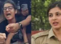 നെയിം പ്ലേറ്റെവിടെ എന്ന് ചോദിക്കുന്ന നേഹ ബോറയ്ക്ക് നേരെ നെയിം പ്ലേറ്റ് ഉയര്‍ത്തിക്കാട്ടി പൊലീസ് ഓഫീസര്‍ (ഇടത്ത്) നേഹ ബോറ ആഡംബര ജീവിതം നയിക്കുന്നു എന്നാരോപിച്ച പൊലീസ് ഓഫീസറായ മീന സിങ്ങ് എന്ന പേരില്‍ പ്രചരിക്കുന്ന ഫോട്ടോ (വലത്ത്)