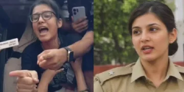 നെയിം പ്ലേറ്റെവിടെ എന്ന് ചോദിക്കുന്ന നേഹ ബോറയ്ക്ക് നേരെ നെയിം പ്ലേറ്റ് ഉയര്‍ത്തിക്കാട്ടി പൊലീസ് ഓഫീസര്‍ (ഇടത്ത്) നേഹ ബോറ ആഡംബര ജീവിതം നയിക്കുന്നു എന്നാരോപിച്ച പൊലീസ് ഓഫീസറായ മീന സിങ്ങ് എന്ന പേരില്‍ പ്രചരിക്കുന്ന ഫോട്ടോ (വലത്ത്)