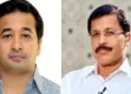 ബിജെപി നേതാവും മഹാരാഷ്ട്രമന്ത്രിയുമായ നിതീഷ് റാണെ (ഇടത്ത്) മഹാരാഷ്ട്ര ഫുഡ് ആന്‍റ് ഡ്രഗ് കമ്മീഷണര്‍ തുക്കാറാം മുണ്ടെ (വലത്ത്)