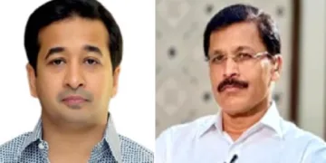 ബിജെപി നേതാവും മഹാരാഷ്ട്രമന്ത്രിയുമായ നിതീഷ് റാണെ (ഇടത്ത്) മഹാരാഷ്ട്ര ഫുഡ് ആന്‍റ് ഡ്രഗ് കമ്മീഷണര്‍ തുക്കാറാം മുണ്ടെ (വലത്ത്)