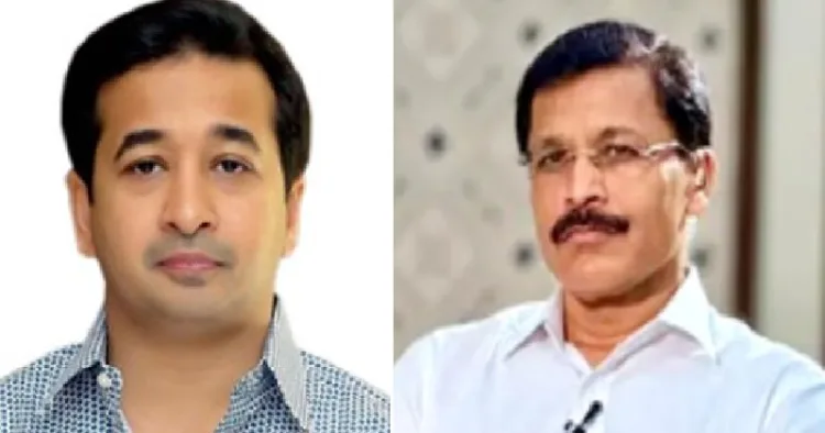 ബിജെപി നേതാവും മഹാരാഷ്ട്രമന്ത്രിയുമായ നിതീഷ് റാണെ (ഇടത്ത്) മഹാരാഷ്ട്ര ഫുഡ് ആന്‍റ് ഡ്രഗ് കമ്മീഷണര്‍ തുക്കാറാം മുണ്ടെ (വലത്ത്)