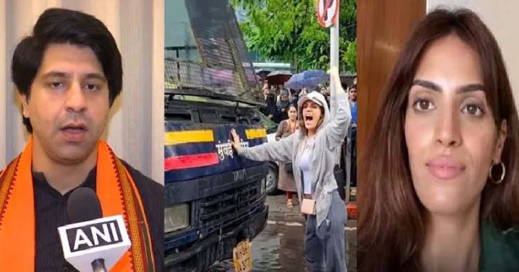 ജെന്‍സീ സമരക്കാലത്ത് മുംബൈ പൊലീസിന്‍റെ വാന്‍ തടയുന്ന റിയ ആഹിറിന്‍റെ വൈറലായ ഫോട്ടോ. ഇത് മുന്‍കൂട്ടി ആലോചിച്ചുറപ്പിച്ച് തട്ടിക്കൂട്ടിയ ചിത്രമായിരുന്നുവെന്നാണ് ഷെഹ്സാദ് പൂനവാലയുടെ വിമര്‍ശനം (നടുവില്‍) ഷെഹ്സാദ് പൂനവാല (ഇടത്ത്) റിയ ആഹിര്‍ (വലത്ത്)