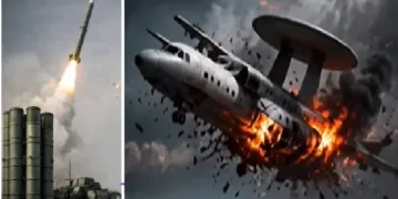 എസ് 400 എന്ന റഷ്യ നല്കിയ വ്യോമപ്രതിരോധസംവിധാനത്തില്‍ നിന്നും മിസൈല്‍ പാകിസ്ഥാന്‍ ലക്ഷ്യമാക്കി കുതിക്കുന്നു (ഇടത്ത്) പാകിസ്ഥാന്‍റെ 798 കോടി വരെ വില വരുന്ന അവാക്സ് വിമാനം മിസൈലേറ്റ് തകരുന്നു (വലത്ത്)