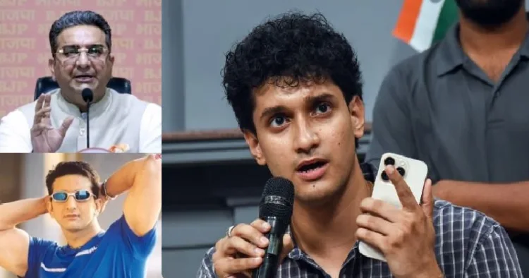 ബിജെപി വക്താവായ ഗൗരവ് ഭാട്ടിയയുടെ ഇപ്പോഴത്തെ രൂപം (ഇടത്ത് മുകളില്) സമൂഹത്തോട് ഒരു പ്രതിബദ്ധതയുമില്ലാത്ത പുത്തന് പണക്കാരനായ യുവാവായി എഐ ഉപയോഗിച്ച് സൃഷ്ടിച്ച ഗൗരവ് ഭാട്ടിയയുടെ വ്യാജ ഫോട്ടോ (ഇടത്ത് താഴെ)