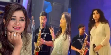 പീയൂഷ് രാജിന്റെ സാക്സഫോണ് പ്രകടനം കണ്ട് അത്ഭുതം പ്രകടിപ്പിക്കുന്ന ഗായിക ശ്രേയ ഘോഷാല് (നടുവിലും വലത്തും)
