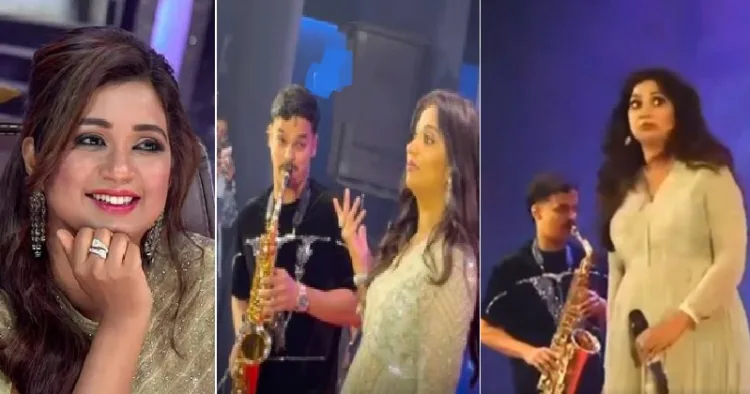 പീയൂഷ് രാജിന്‍റെ സാക്സഫോണ്‍ പ്രകടനം കണ്ട് അത്ഭുതം പ്രകടിപ്പിക്കുന്ന ഗായിക ശ്രേയ ഘോഷാല്‍ (നടുവിലും വലത്തും)