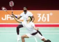 ബാഡ്മിന്റണ്‍ മത്സരത്തിനിടെ ഭാരത താരങ്ങളായ സാത്വിക് സായ്‌രാജ് രങ്കിറെഡ്ഡി - ചിരാഗ് ഷെട്ടി