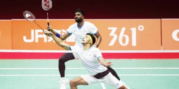 ബാഡ്മിന്റണ് മത്സരത്തിനിടെ ഭാരത താരങ്ങളായ സാത്വിക് സായ്രാജ് രങ്കിറെഡ്ഡി - ചിരാഗ് ഷെട്ടി