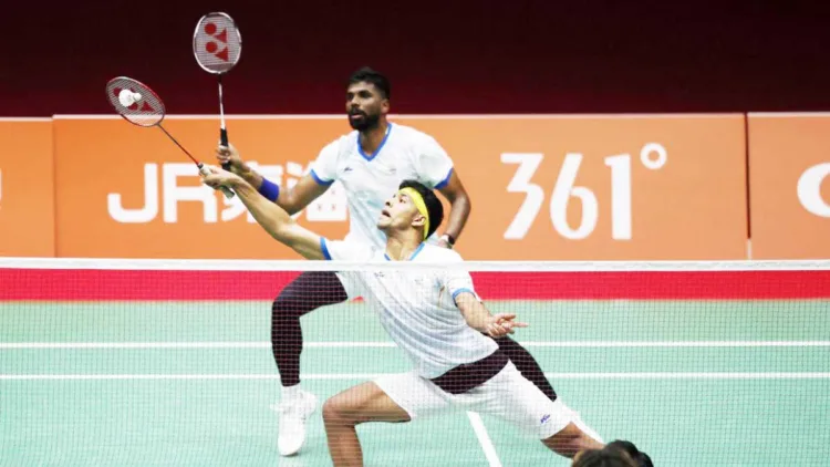 ബാഡ്മിന്റണ്‍ മത്സരത്തിനിടെ ഭാരത താരങ്ങളായ സാത്വിക് സായ്‌രാജ് രങ്കിറെഡ്ഡി - ചിരാഗ് ഷെട്ടി
